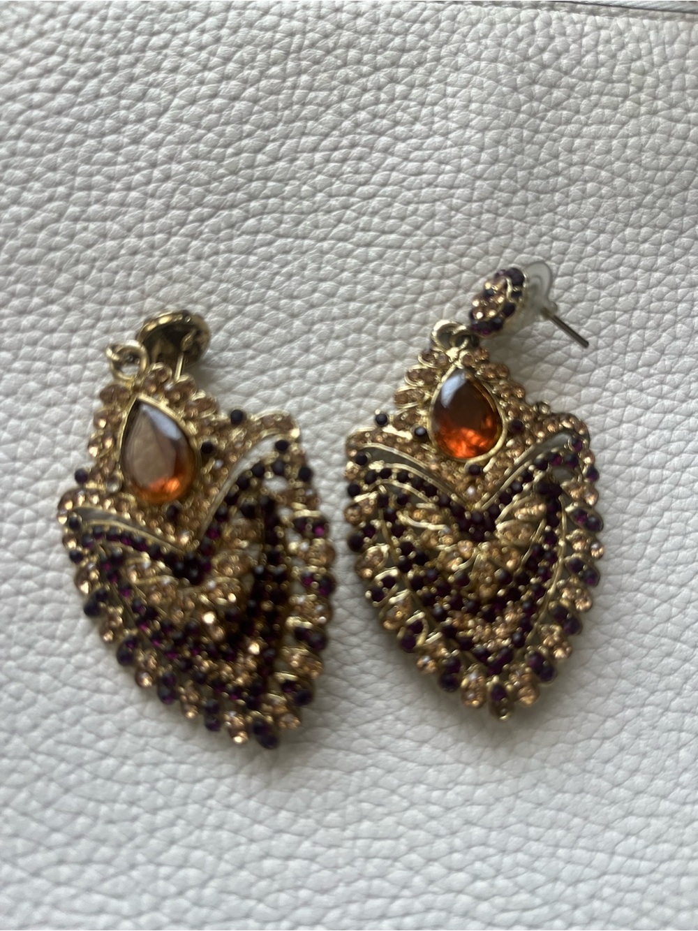 Gold-Tone Amber Teardrop & Purple Accent Filigree Drop Earrings